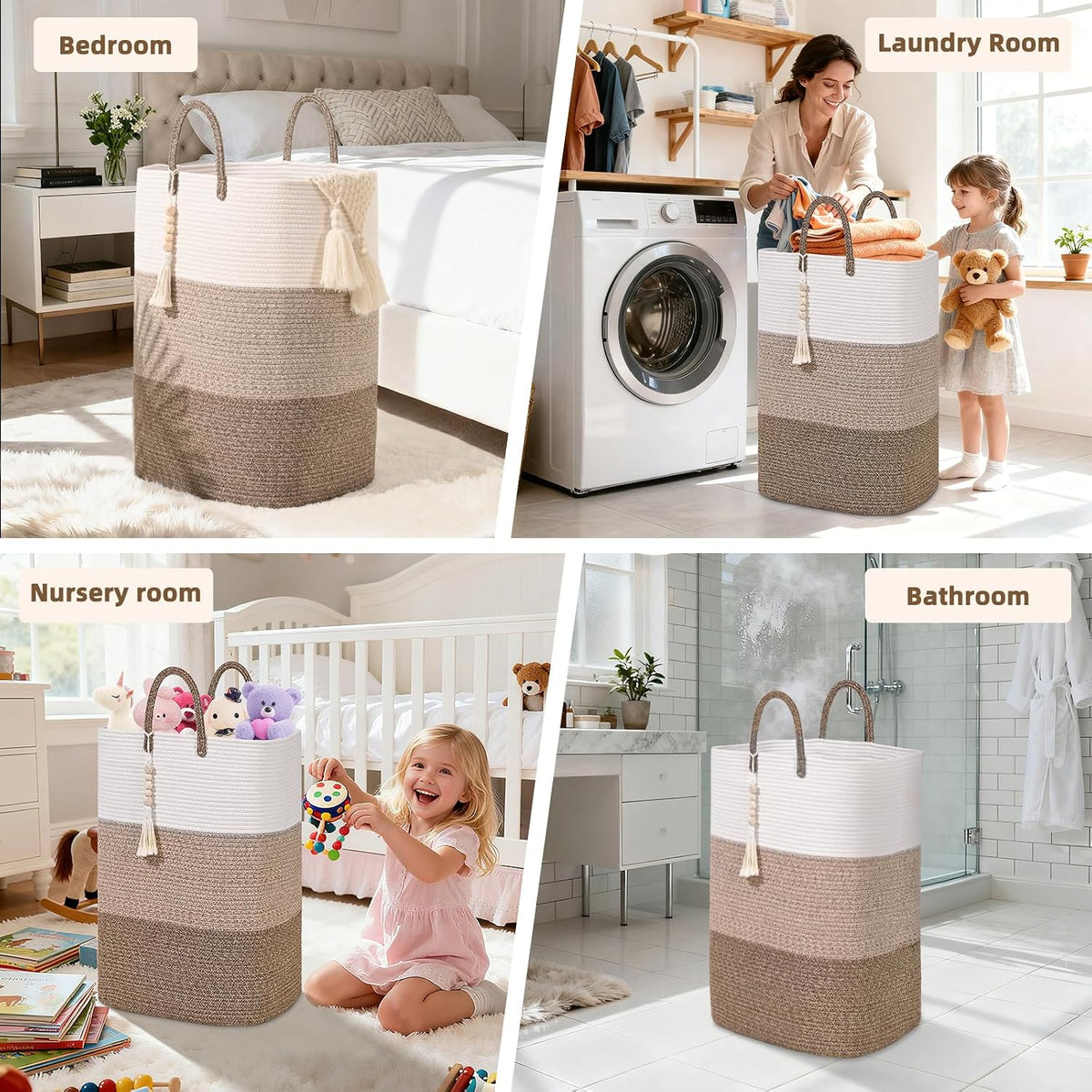 65L Woven Laundry Basket for Clothes, Large Rectangle Laundry Hampers with Beads Tassel, Nursery Storage Basket for Toys, Tall Dirty Clothes Hamper for Bedroom Aesthetic, Laundry Room Organization