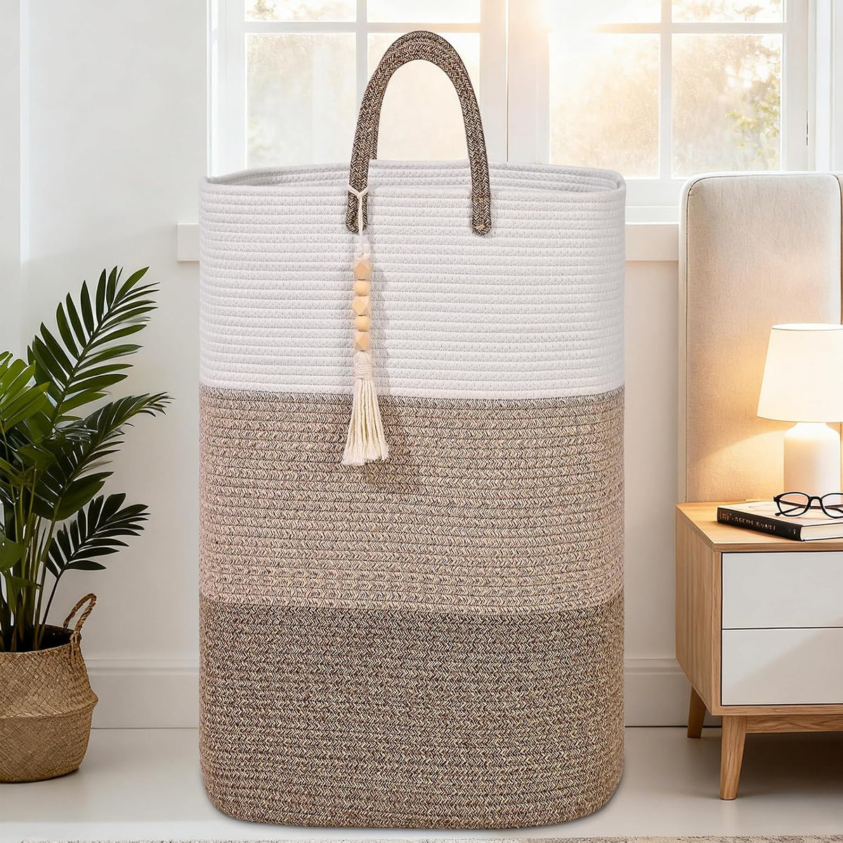 65L Woven Laundry Basket for Clothes, Large Rectangle Laundry Hampers with Beads Tassel, Nursery Storage Basket for Toys, Tall Dirty Clothes Hamper for Bedroom Aesthetic, Laundry Room Organization