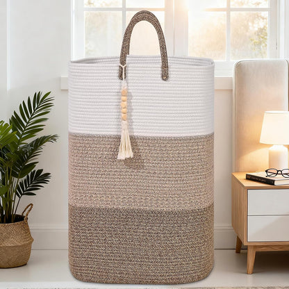 65L Woven Laundry Basket for Clothes, Large Rectangle Laundry Hampers with Beads Tassel, Nursery Storage Basket for Toys, Tall Dirty Clothes Hamper for Bedroom Aesthetic, Laundry Room Organization