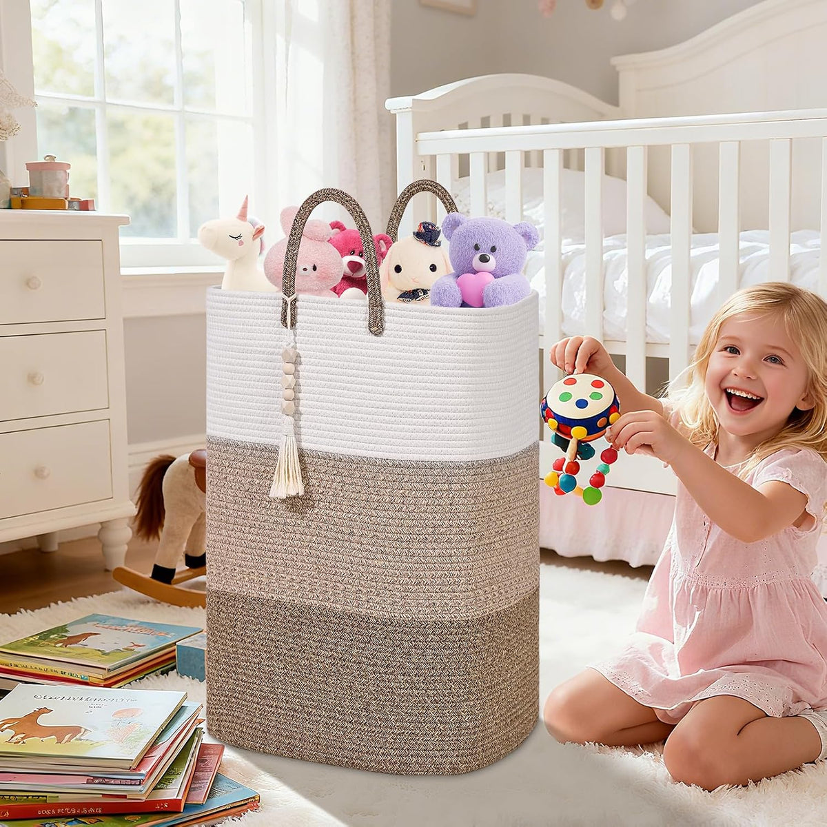 65L Woven Laundry Basket for Clothes, Large Rectangle Laundry Hampers with Beads Tassel, Nursery Storage Basket for Toys, Tall Dirty Clothes Hamper for Bedroom Aesthetic, Laundry Room Organization