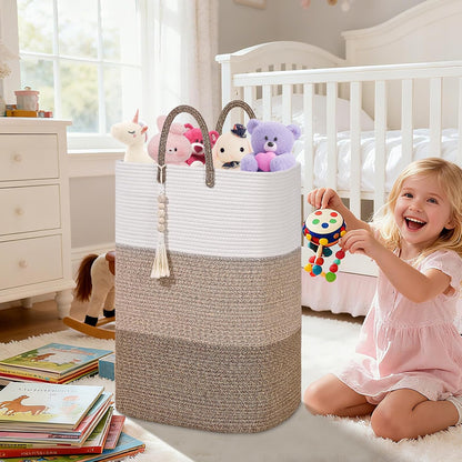 65L Woven Laundry Basket for Clothes, Large Rectangle Laundry Hampers with Beads Tassel, Nursery Storage Basket for Toys, Tall Dirty Clothes Hamper for Bedroom Aesthetic, Laundry Room Organization