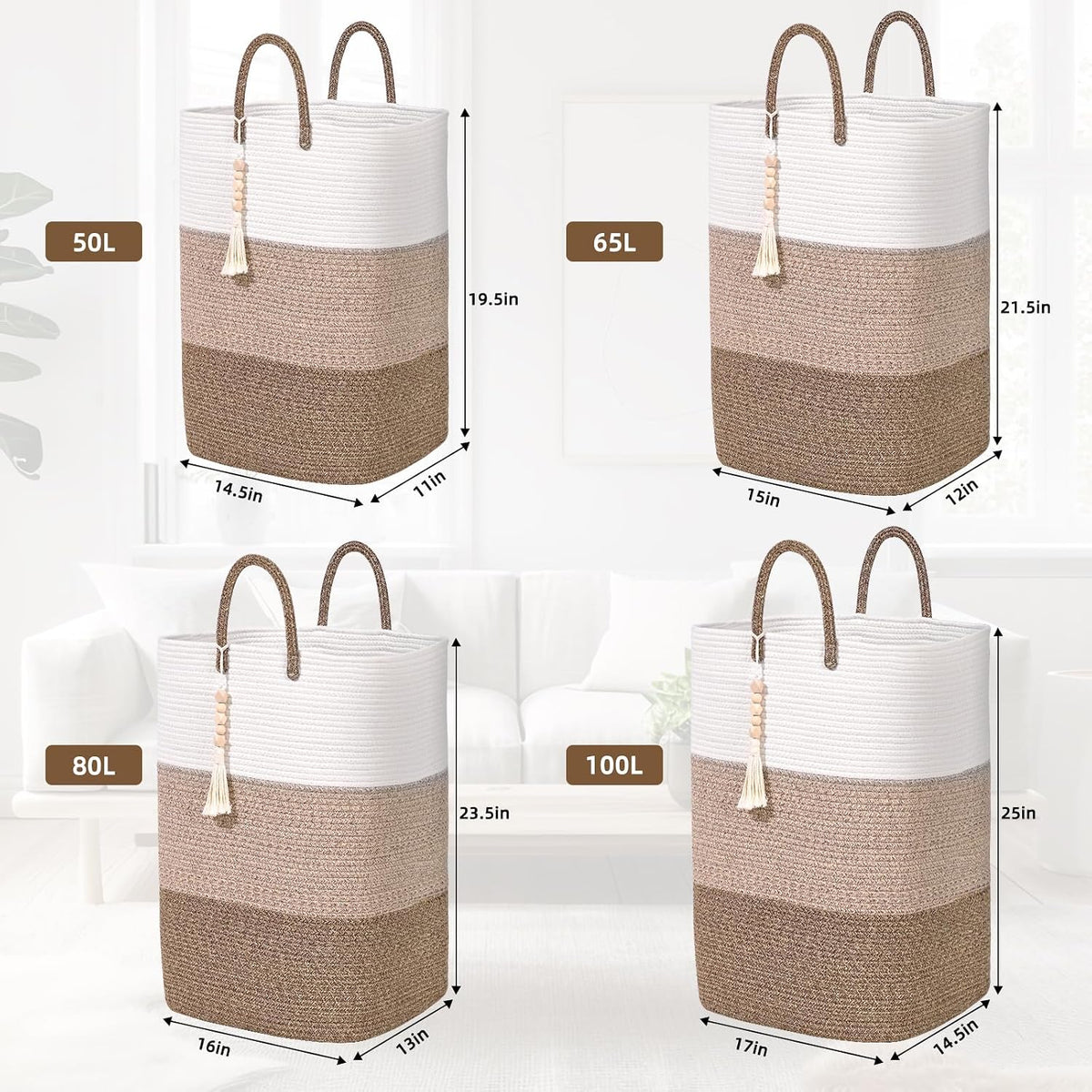 65L Woven Laundry Basket for Clothes, Large Rectangle Laundry Hampers with Beads Tassel, Nursery Storage Basket for Toys, Tall Dirty Clothes Hamper for Bedroom Aesthetic, Laundry Room Organization