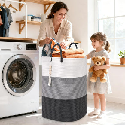 65L Woven Laundry Basket for Clothes, Large Rectangle Laundry Hampers with Beads Tassel, Nursery Storage Basket for Toys, Tall Dirty Clothes Hamper for Bedroom Aesthetic, Laundry Room Organization
