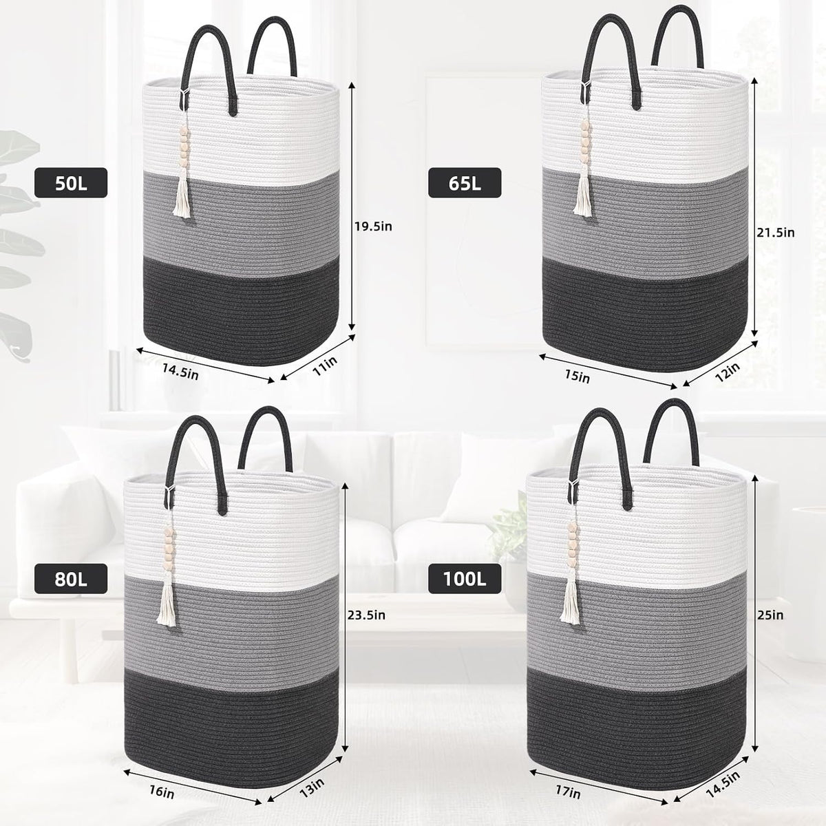 65L Woven Laundry Basket for Clothes, Large Rectangle Laundry Hampers with Beads Tassel, Nursery Storage Basket for Toys, Tall Dirty Clothes Hamper for Bedroom Aesthetic, Laundry Room Organization