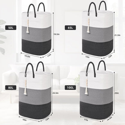 65L Woven Laundry Basket for Clothes, Large Rectangle Laundry Hampers with Beads Tassel, Nursery Storage Basket for Toys, Tall Dirty Clothes Hamper for Bedroom Aesthetic, Laundry Room Organization