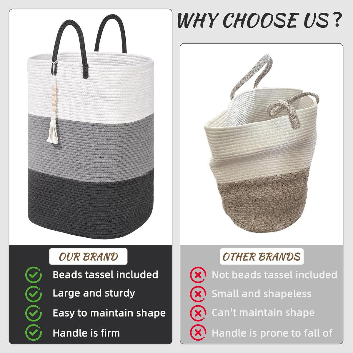 65L Woven Laundry Basket for Clothes, Large Rectangle Laundry Hampers with Beads Tassel, Nursery Storage Basket for Toys, Tall Dirty Clothes Hamper for Bedroom Aesthetic, Laundry Room Organization