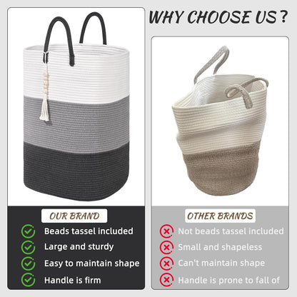 65L Woven Laundry Basket for Clothes, Large Rectangle Laundry Hampers with Beads Tassel, Nursery Storage Basket for Toys, Tall Dirty Clothes Hamper for Bedroom Aesthetic, Laundry Room Organization