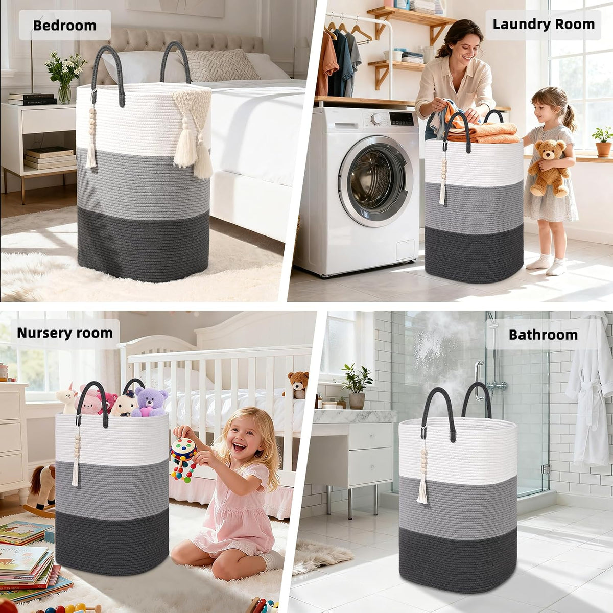65L Woven Laundry Basket for Clothes, Large Rectangle Laundry Hampers with Beads Tassel, Nursery Storage Basket for Toys, Tall Dirty Clothes Hamper for Bedroom Aesthetic, Laundry Room Organization