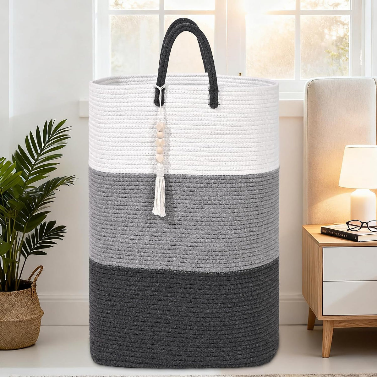 65L Woven Laundry Basket for Clothes, Large Rectangle Laundry Hampers with Beads Tassel, Nursery Storage Basket for Toys, Tall Dirty Clothes Hamper for Bedroom Aesthetic, Laundry Room Organization