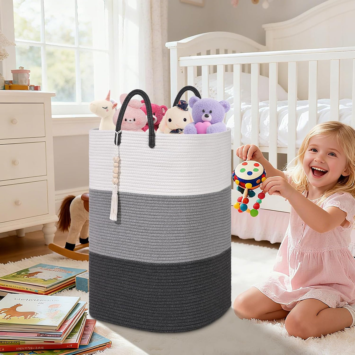 65L Woven Laundry Basket for Clothes, Large Rectangle Laundry Hampers with Beads Tassel, Nursery Storage Basket for Toys, Tall Dirty Clothes Hamper for Bedroom Aesthetic, Laundry Room Organization