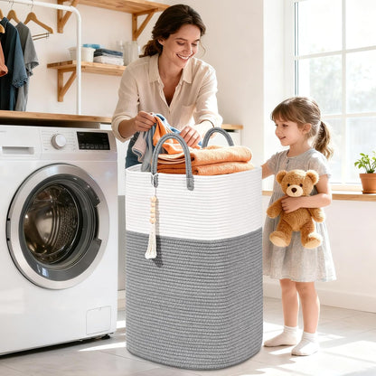 65L Woven Laundry Basket for Clothes, Large Rectangle Laundry Hampers with Beads Tassel, Nursery Storage Basket for Toys, Tall Dirty Clothes Hamper for Bedroom Aesthetic, Laundry Room Organization