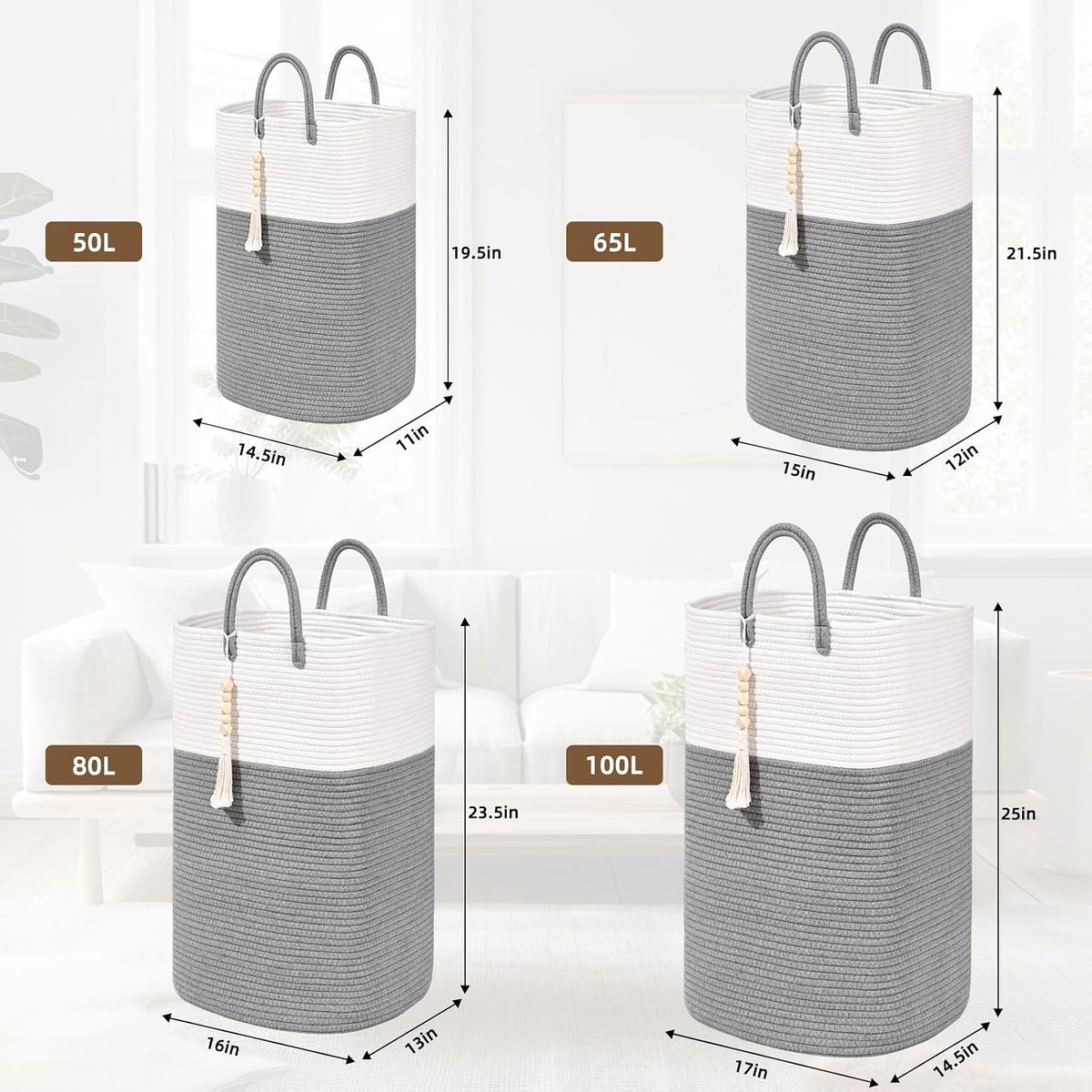65L Woven Laundry Basket for Clothes, Large Rectangle Laundry Hampers with Beads Tassel, Nursery Storage Basket for Toys, Tall Dirty Clothes Hamper for Bedroom Aesthetic, Laundry Room Organization