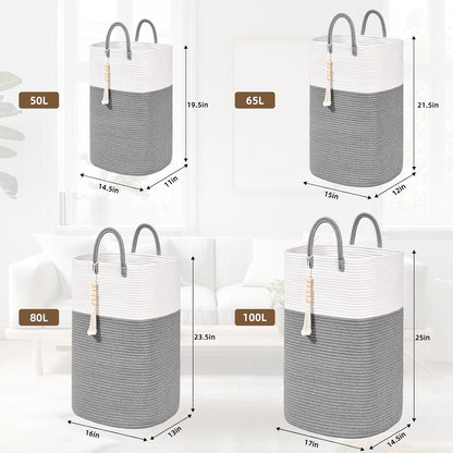 65L Woven Laundry Basket for Clothes, Large Rectangle Laundry Hampers with Beads Tassel, Nursery Storage Basket for Toys, Tall Dirty Clothes Hamper for Bedroom Aesthetic, Laundry Room Organization