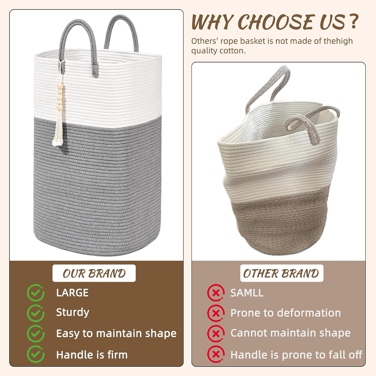 65L Woven Laundry Basket for Clothes, Large Rectangle Laundry Hampers with Beads Tassel, Nursery Storage Basket for Toys, Tall Dirty Clothes Hamper for Bedroom Aesthetic, Laundry Room Organization