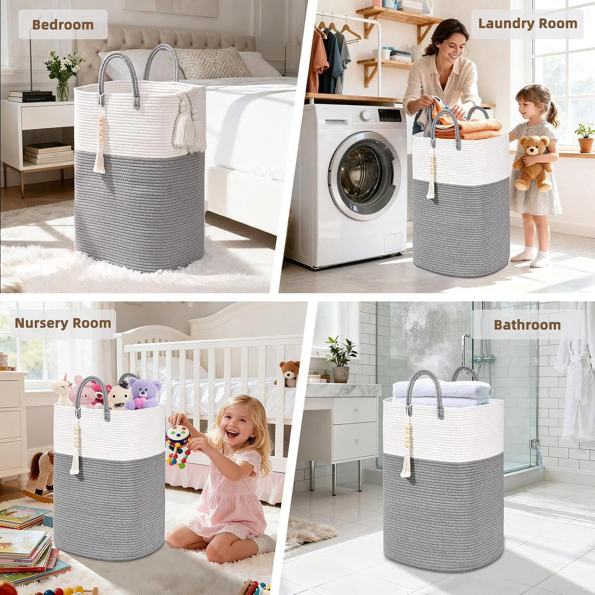 65L Woven Laundry Basket for Clothes, Large Rectangle Laundry Hampers with Beads Tassel, Nursery Storage Basket for Toys, Tall Dirty Clothes Hamper for Bedroom Aesthetic, Laundry Room Organization