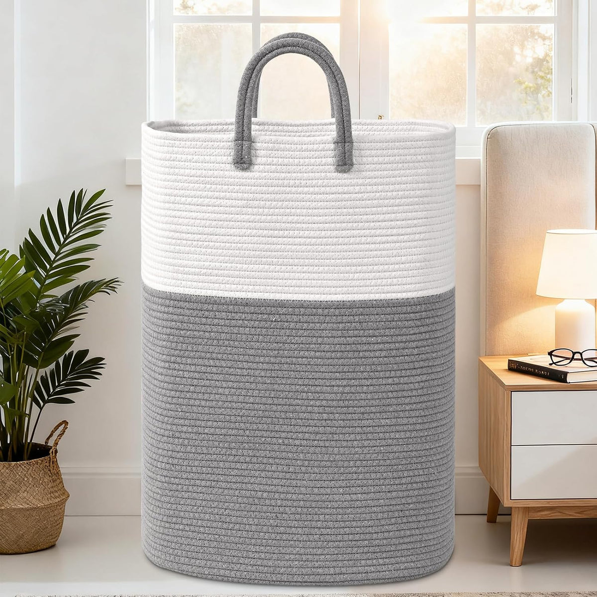 65L Woven Laundry Basket for Clothes, Large Rectangle Laundry Hampers with Beads Tassel, Nursery Storage Basket for Toys, Tall Dirty Clothes Hamper for Bedroom Aesthetic, Laundry Room Organization