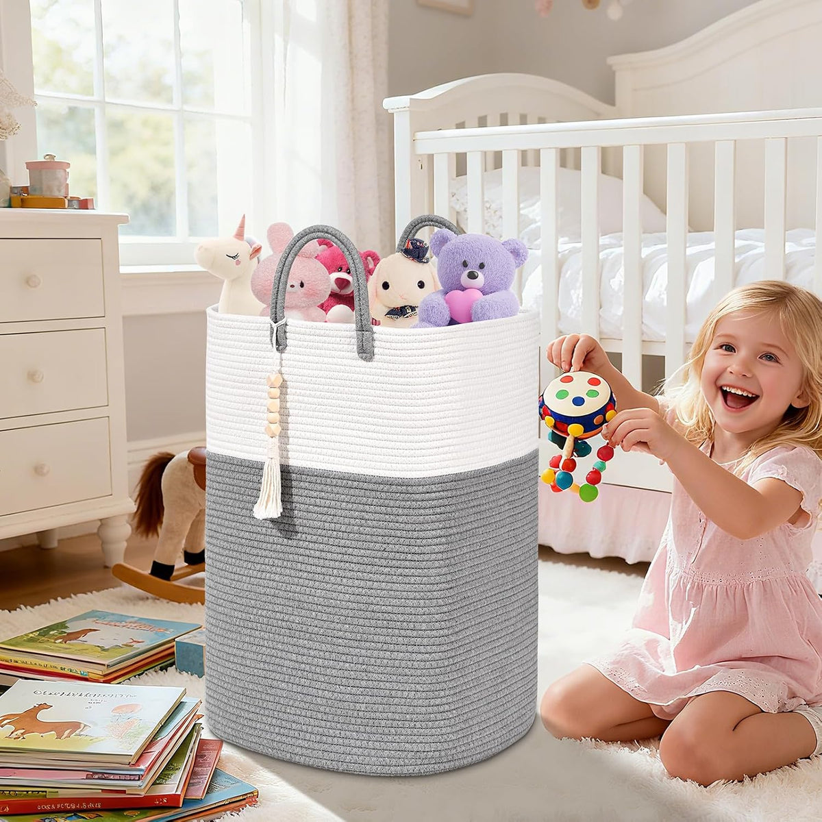 65L Woven Laundry Basket for Clothes, Large Rectangle Laundry Hampers with Beads Tassel, Nursery Storage Basket for Toys, Tall Dirty Clothes Hamper for Bedroom Aesthetic, Laundry Room Organization