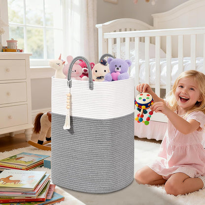 65L Woven Laundry Basket for Clothes, Large Rectangle Laundry Hampers with Beads Tassel, Nursery Storage Basket for Toys, Tall Dirty Clothes Hamper for Bedroom Aesthetic, Laundry Room Organization