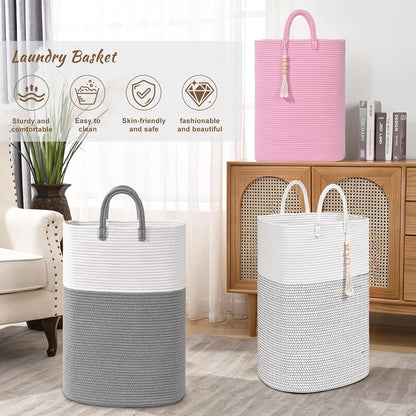 65L Woven Laundry Basket for Clothes, Large Rectangle Laundry Hampers with Beads Tassel, Nursery Storage Basket for Toys, Tall Dirty Clothes Hamper for Bedroom Aesthetic, Laundry Room Organization