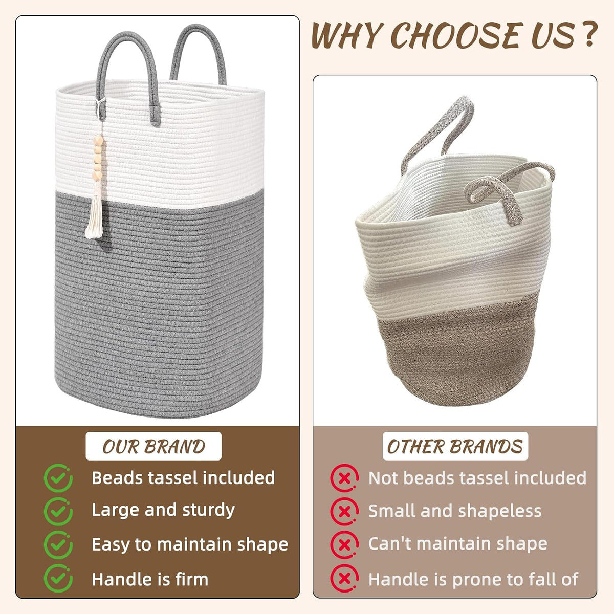 65L Woven Laundry Basket for Clothes, Large Rectangle Laundry Hampers with Beads Tassel, Nursery Storage Basket for Toys, Tall Dirty Clothes Hamper for Bedroom Aesthetic, Laundry Room Organization