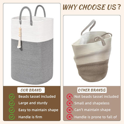 65L Woven Laundry Basket for Clothes, Large Rectangle Laundry Hampers with Beads Tassel, Nursery Storage Basket for Toys, Tall Dirty Clothes Hamper for Bedroom Aesthetic, Laundry Room Organization
