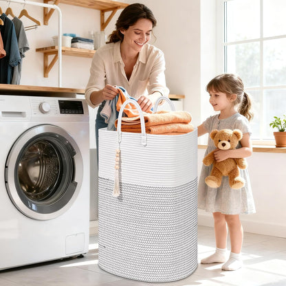 65L Woven Laundry Basket for Clothes, Large Rectangle Laundry Hampers with Beads Tassel, Nursery Storage Basket for Toys, Tall Dirty Clothes Hamper for Bedroom Aesthetic, Laundry Room Organization