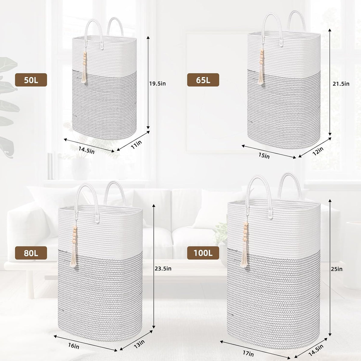 65L Woven Laundry Basket for Clothes, Large Rectangle Laundry Hampers with Beads Tassel, Nursery Storage Basket for Toys, Tall Dirty Clothes Hamper for Bedroom Aesthetic, Laundry Room Organization