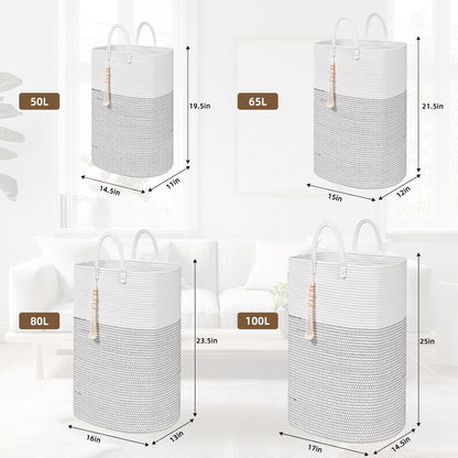 65L Woven Laundry Basket for Clothes, Large Rectangle Laundry Hampers with Beads Tassel, Nursery Storage Basket for Toys, Tall Dirty Clothes Hamper for Bedroom Aesthetic, Laundry Room Organization
