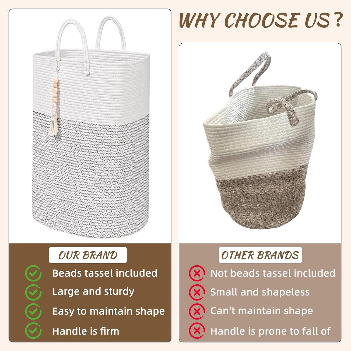 65L Woven Laundry Basket for Clothes, Large Rectangle Laundry Hampers with Beads Tassel, Nursery Storage Basket for Toys, Tall Dirty Clothes Hamper for Bedroom Aesthetic, Laundry Room Organization