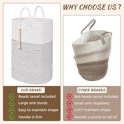 65L Woven Laundry Basket for Clothes, Large Rectangle Laundry Hampers with Beads Tassel, Nursery Storage Basket for Toys, Tall Dirty Clothes Hamper for Bedroom Aesthetic, Laundry Room Organization