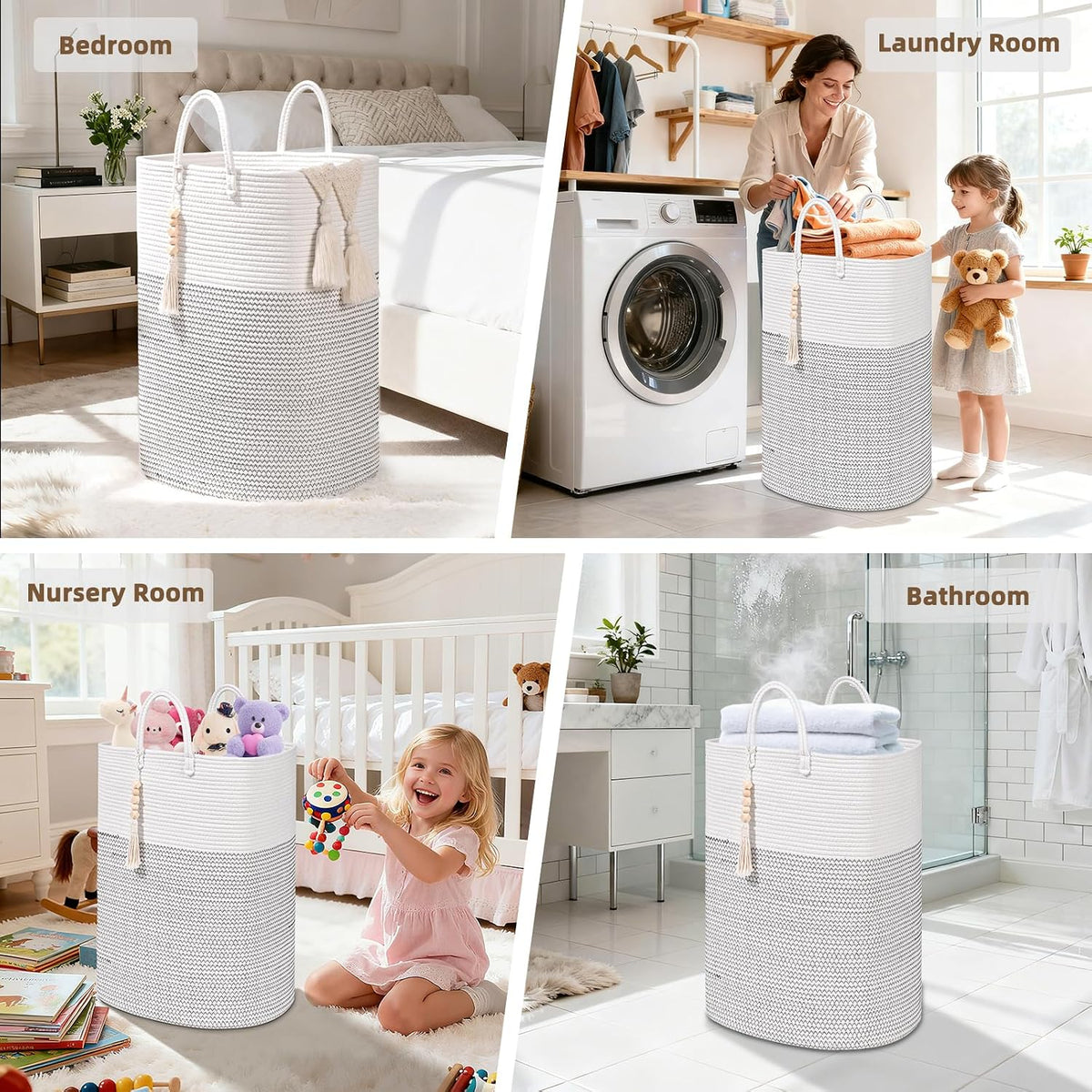 65L Woven Laundry Basket for Clothes, Large Rectangle Laundry Hampers with Beads Tassel, Nursery Storage Basket for Toys, Tall Dirty Clothes Hamper for Bedroom Aesthetic, Laundry Room Organization