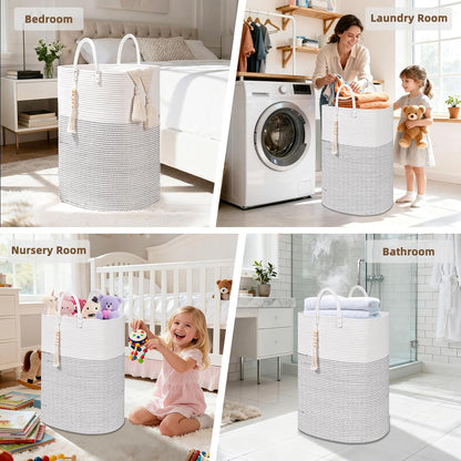 65L Woven Laundry Basket for Clothes, Large Rectangle Laundry Hampers with Beads Tassel, Nursery Storage Basket for Toys, Tall Dirty Clothes Hamper for Bedroom Aesthetic, Laundry Room Organization