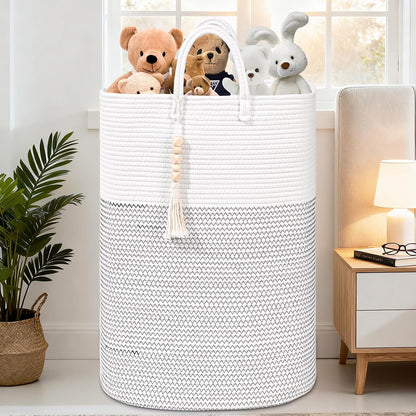 65L Woven Laundry Basket for Clothes, Large Rectangle Laundry Hampers with Beads Tassel, Nursery Storage Basket for Toys, Tall Dirty Clothes Hamper for Bedroom Aesthetic, Laundry Room Organization