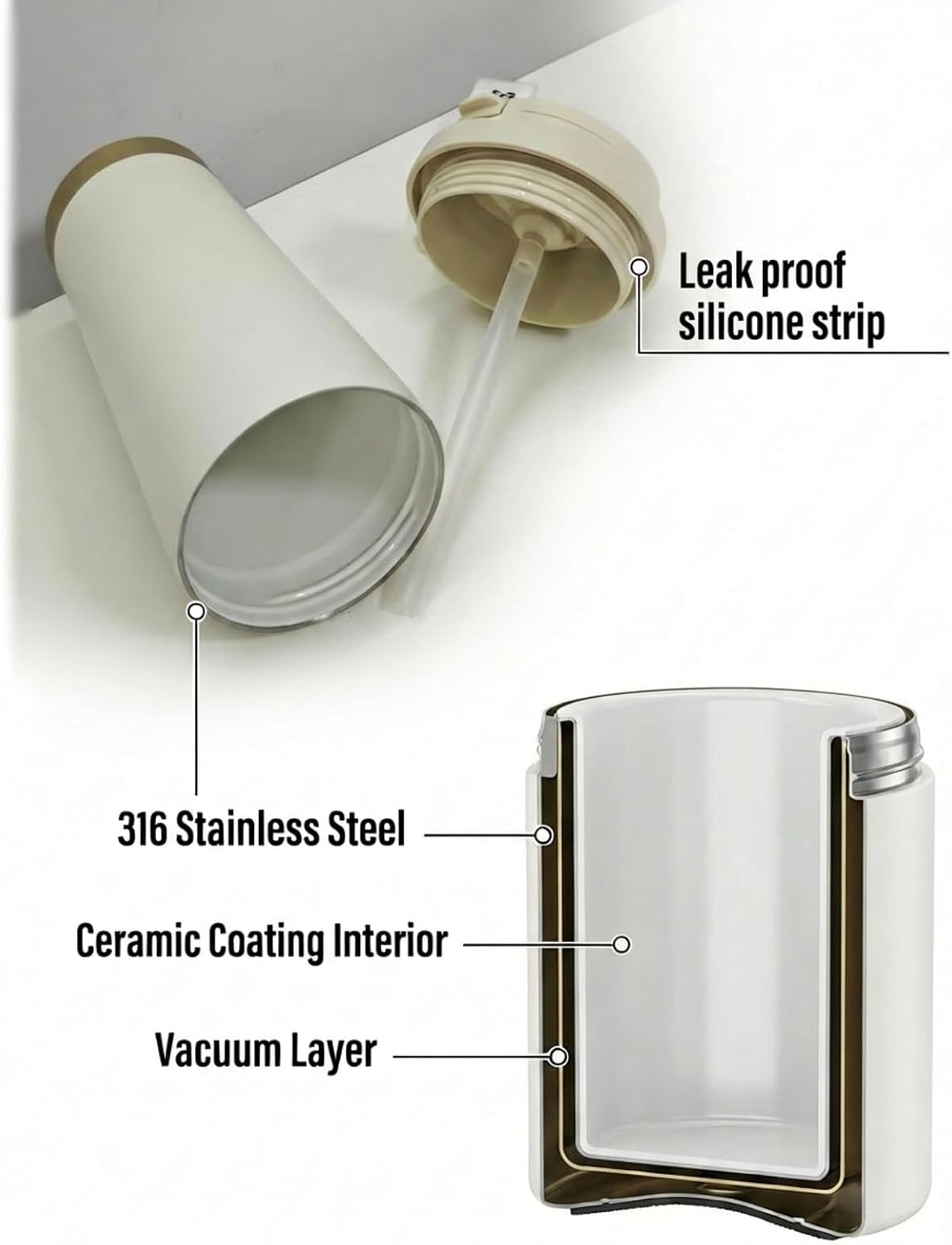 Coffee Travel Mug with 2-in-1 Straw Flip Lid,17oz Insulated Tumbler Cup with Ceramic Coating,Leak proof Stainless Steel Vacuum Cup,Reusable Portable cup for Work,Office,Travel water bottle