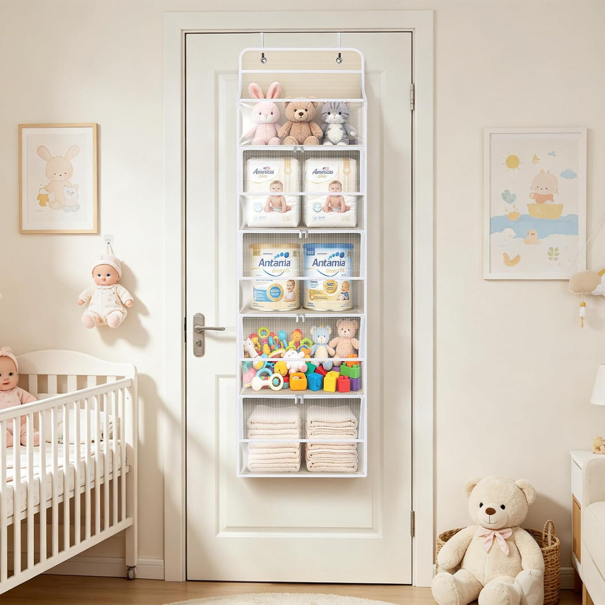 Over the Door Organizer for Baby Nursery, 5-Shelf, Light Beige