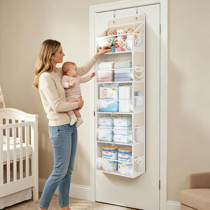 Over the Door Organizer for Baby Nursery, 5-Shelf, Light Beige