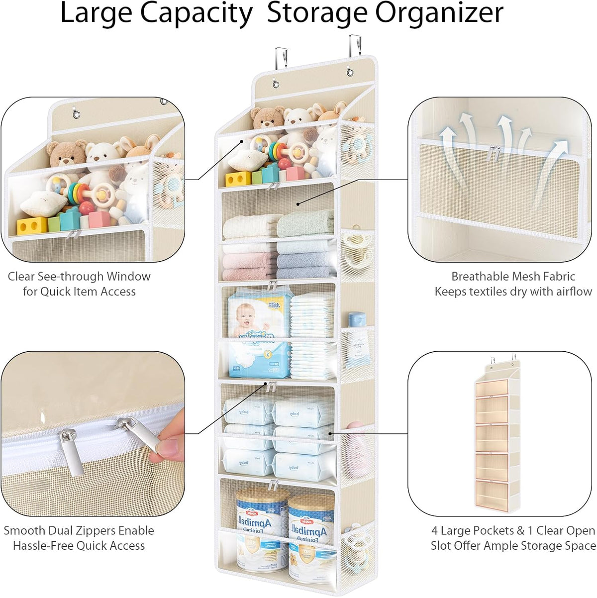 Over the Door Organizer for Baby Nursery, 5-Shelf, Light Beige