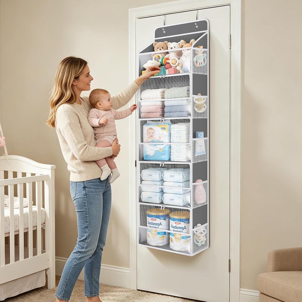 Over the Door Organizer for Baby Nursery, 5-Shelf, Light Beige