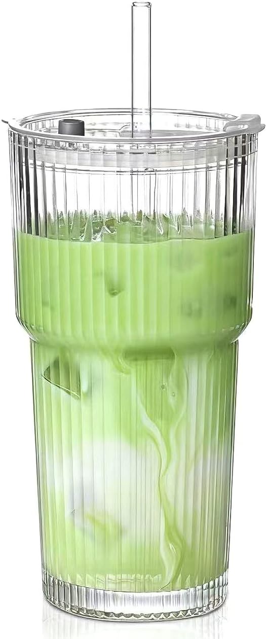 20 oz Glass Tumblers, Iced Coffee Cups with Lids and Glass Straws, Thickened Wall Ribbed Glass Cups, Ideal for Smoothies, Cocktails, and Juices – Vintage and Durable Drinkware – 1 Pack