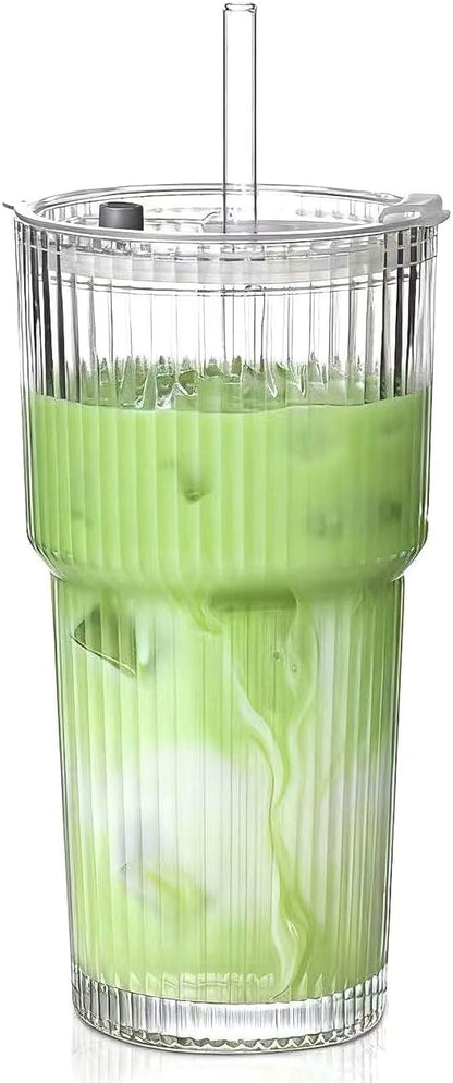 20 oz Glass Tumblers, Iced Coffee Cups with Lids and Glass Straws, Thickened Wall Ribbed Glass Cups, Ideal for Smoothies, Cocktails, and Juices – Vintage and Durable Drinkware – 1 Pack