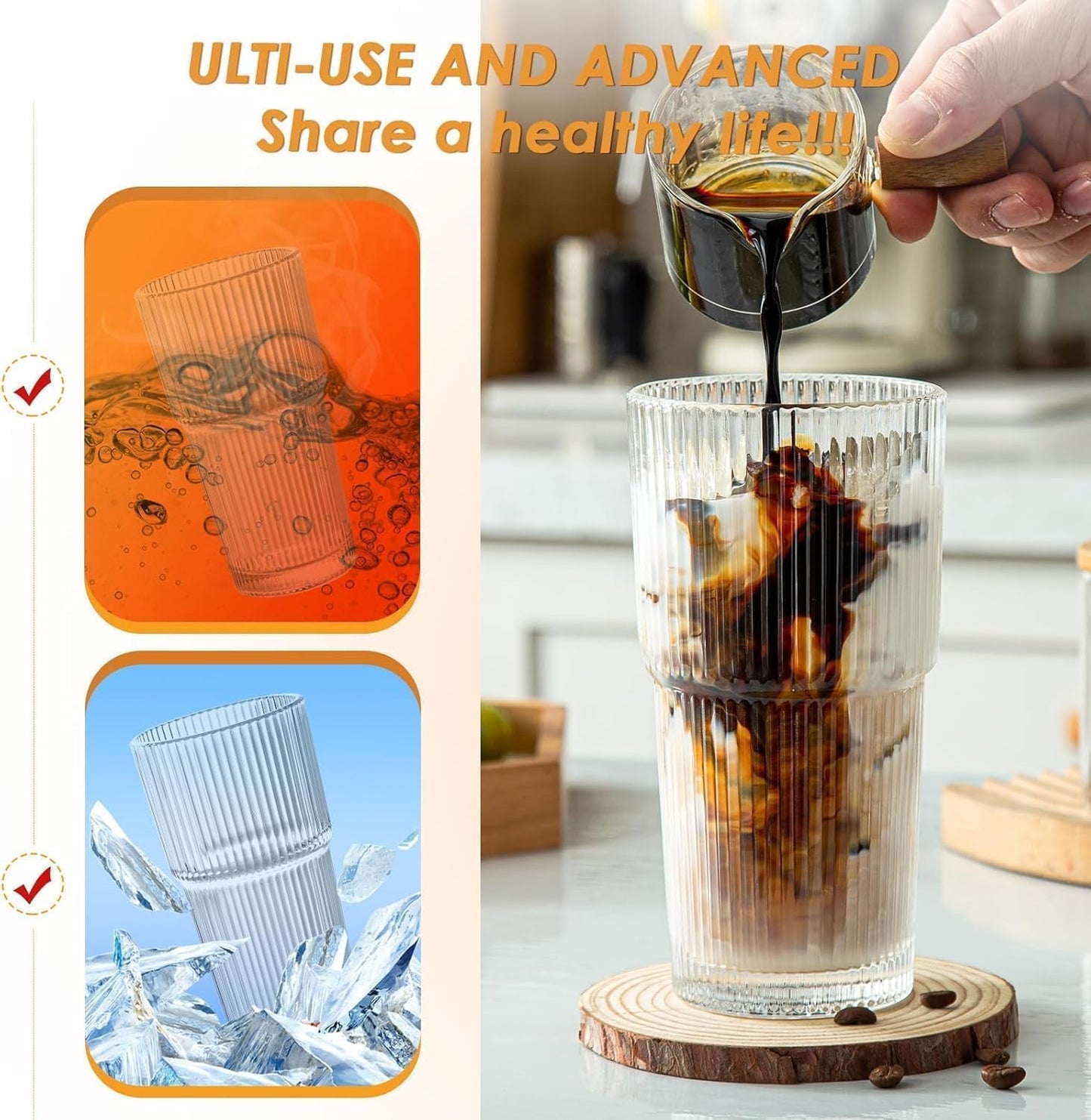 20 oz Glass Tumblers, Iced Coffee Cups with Lids and Glass Straws, Thickened Wall Ribbed Glass Cups, Ideal for Smoothies, Cocktails, and Juices – Vintage and Durable Drinkware – 1 Pack