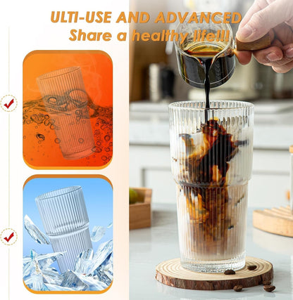 20 oz Glass Tumblers, Iced Coffee Cups with Lids and Glass Straws, Thickened Wall Ribbed Glass Cups, Ideal for Smoothies, Cocktails, and Juices – Vintage and Durable Drinkware – 1 Pack