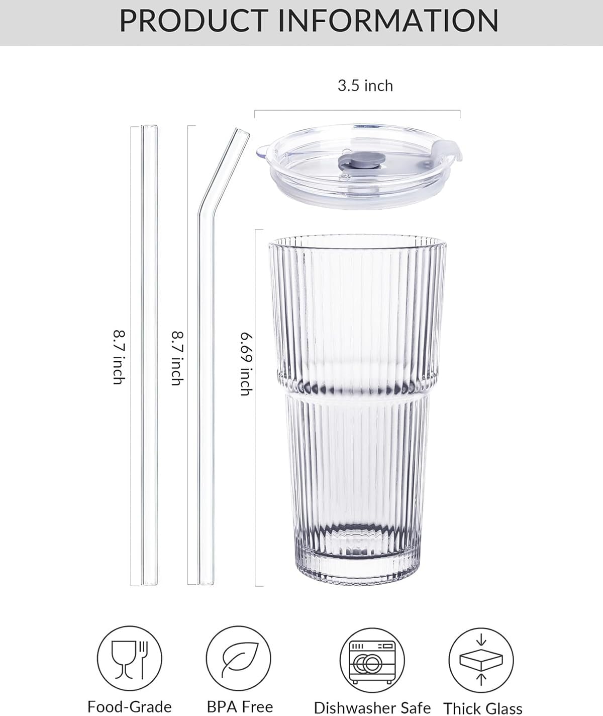 20 oz Glass Tumblers, Iced Coffee Cups with Lids and Glass Straws, Thickened Wall Ribbed Glass Cups, Ideal for Smoothies, Cocktails, and Juices – Vintage and Durable Drinkware – 1 Pack