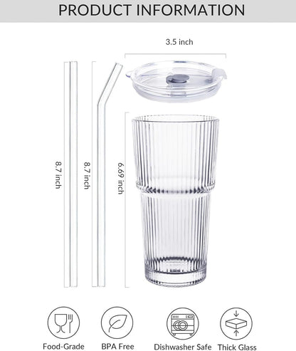 20 oz Glass Tumblers, Iced Coffee Cups with Lids and Glass Straws, Thickened Wall Ribbed Glass Cups, Ideal for Smoothies, Cocktails, and Juices – Vintage and Durable Drinkware – 1 Pack