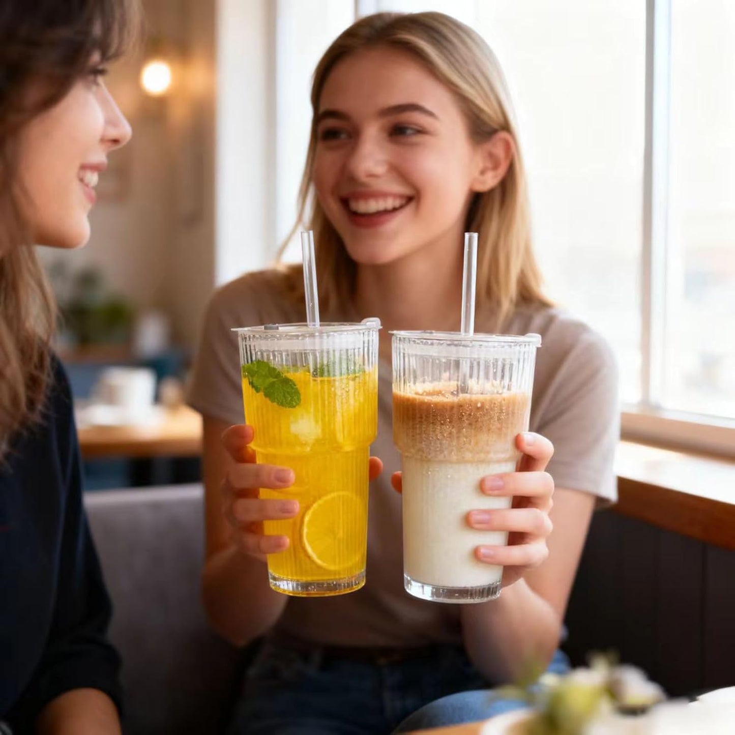 20 oz Glass Tumblers, Iced Coffee Cups with Lids and Glass Straws, Thickened Wall Ribbed Glass Cups, Ideal for Smoothies, Cocktails, and Juices – Vintage and Durable Drinkware – 1 Pack