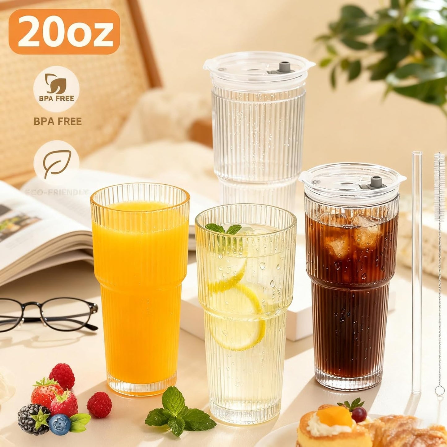 20 oz Glass Tumblers, Iced Coffee Cups with Lids and Glass Straws, Thickened Wall Ribbed Glass Cups, Ideal for Smoothies, Cocktails, and Juices – Vintage and Durable Drinkware – 1 Pack