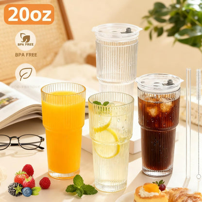 20 oz Glass Tumblers, Iced Coffee Cups with Lids and Glass Straws, Thickened Wall Ribbed Glass Cups, Ideal for Smoothies, Cocktails, and Juices – Vintage and Durable Drinkware – 1 Pack