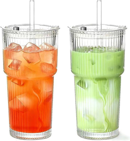 20 oz Glass Tumblers, Iced Coffee Cups with Lids and Glass Straws, Thickened Wall Ribbed Glass Cups, Ideal for Smoothies, Cocktails, and Juices – Vintage and Durable Drinkware – 1 Pack