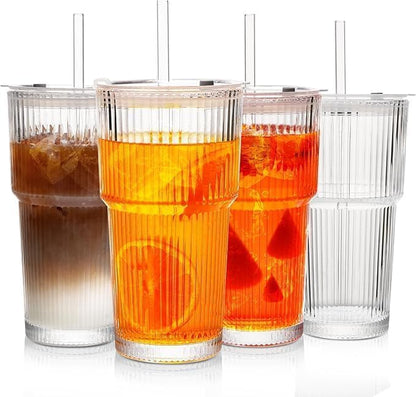 20 oz Glass Tumblers, Iced Coffee Cups with Lids and Glass Straws, Thickened Wall Ribbed Glass Cups, Ideal for Smoothies, Cocktails, and Juices – Vintage and Durable Drinkware – 1 Pack