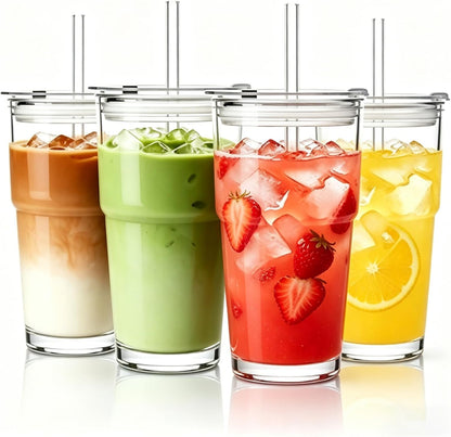 20 oz Glass Tumblers, Iced Coffee Cups with Lids and Glass Straws, Thickened Wall Ribbed Glass Cups, Ideal for Smoothies, Cocktails, and Juices – Vintage and Durable Drinkware – 1 Pack